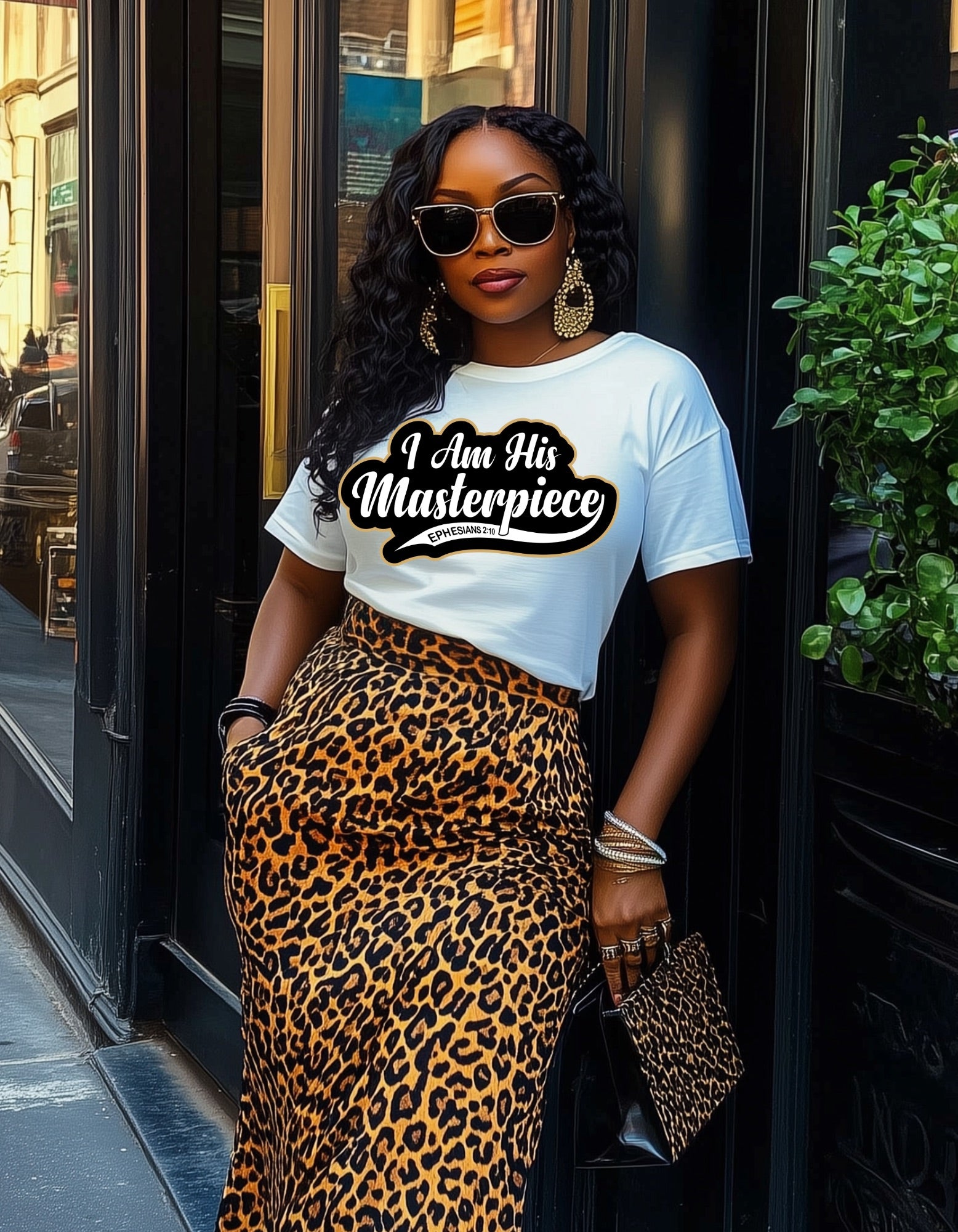 Woman wearing a white t-shirt with text and leopard print skirt standing outside a building.